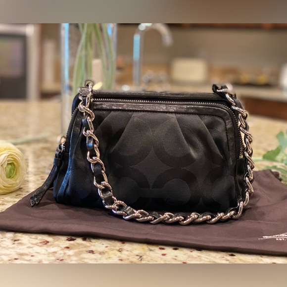 Chanel like 🌟 COACH Black Parker Kiss Lock Jacquard w/Leather Trim Shoulder Bag - Picture 11 of 12